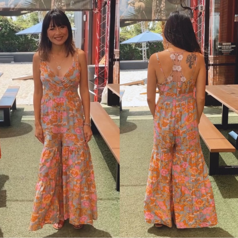 036 Boho Floral Print wide Leg cami jumpsuit - Picture 3 of 4